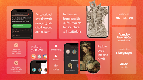 Outcome collage summarizing iOS, Android, and web delivery; three languages; 27 levels; more than 12 Stories; 3D and AR learning; offline access; flashcards; AdMob and RevenueCat monetization; and more than 2,500 installs.