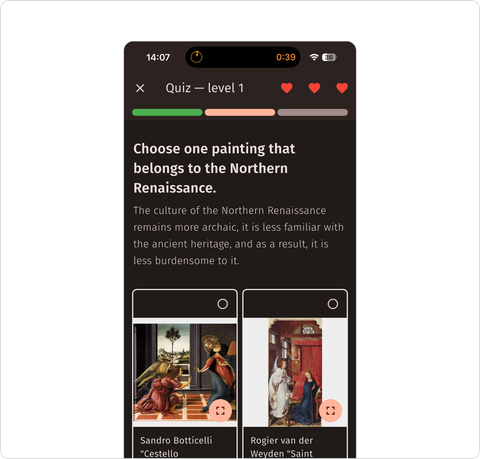 Redesigned dark-theme quiz screen with segmented green, pink, and gray progress, three heart icons, explanatory text, and two painting answer cards.
