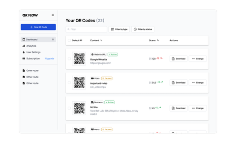 QR Flow dashboard for searching, filtering, sorting, and managing QR codes