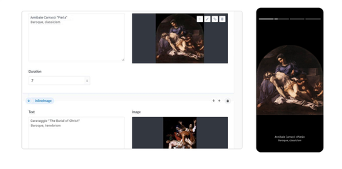 Side-by-side view of a CMS Story editor with text and artwork blocks and the corresponding mobile Story showing Annibale Carracci’s Pietà.