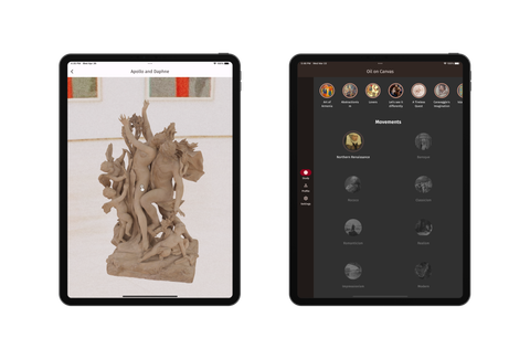 Two tablet screens showing a full-height 3D sculpture viewer and a dark movement library with side navigation.