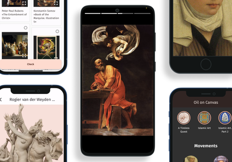 Collage centered on a full-screen Caravaggio Story with segmented progress, surrounded by quiz, artwork-viewer, movement-library, and sculpture screens.