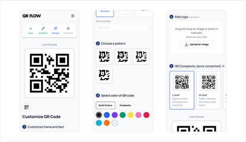 Screenshot of QR customization step, featuring: live QR preview and five customization groups