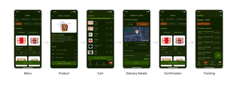 Wantsushi mobile ordering flow with menu, cart, and delivery screens