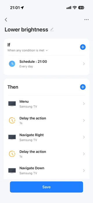 About IR blaster again. Looks stupid, but you can basically “program” tv to do anything. Like, here is the automation to lower tv brightness on evenings.