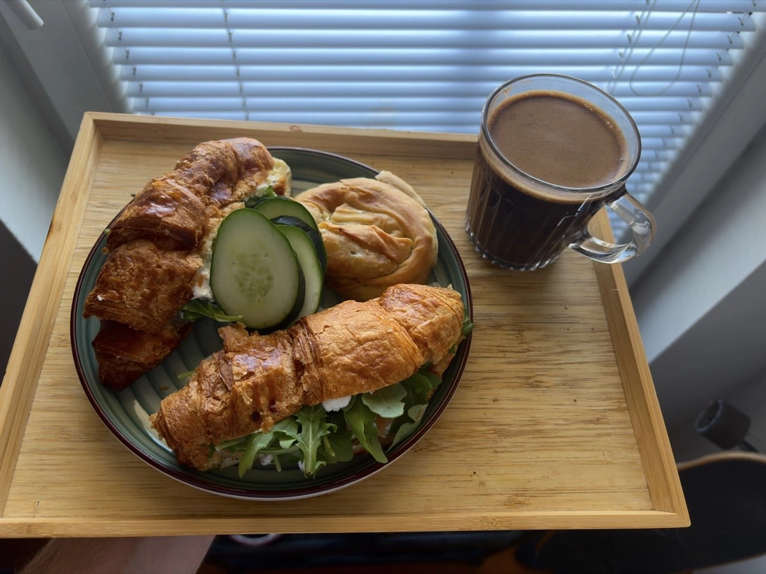 Image showing a tray with a croissant with salmon  
and Turkish coffee
